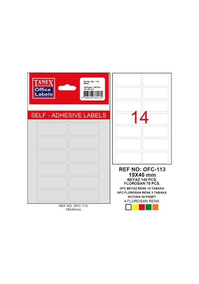 Tanex Ofis Etiketi Poşetli 19X40 Mm Beyaz Ofc-113 - 10 Adetli Pak