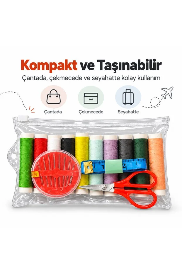 Şeffaf Fermuarlı Dikiş Seti 10 Renk İplik İğne Makas Mezura Seyahat Seti