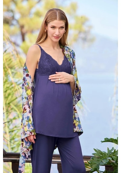 Monamise 25054 Lacivert 3'lü Hamile Lohusa Pijama Sabahlık Takım