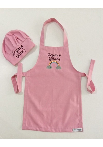 Moms And Babies Çocuk Mutfak Önlüğü Nakış Desenli İsme Özel 0-12 Yaş Su İtici Ve Leke Tutmaz Kumaş Pembe