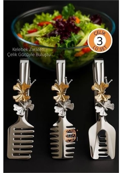 Kelebek Figürlü 3 Lü Paslanmaz Çelik Servis Maşası Seti - Salata, Pasta Ve Izgara Maşası 722696
