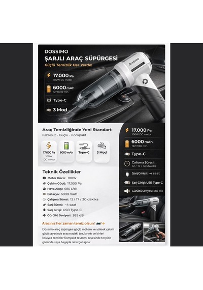 Dossimo Nitro X2 Kablosuz Araç İçi Süpürge Katlanabilir Çok Amaçlı Güçlü Vakum Çanta  Siyah Gri
