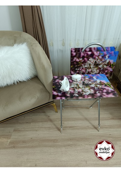 Evko Mobilya Çanta Zigon Sehpa, 4'lü Sehpa, Zigon Sehpa, Servis Sehpası, Camlı Sehpa, Katlanır Sehpa Kayısı Çiçeğiii Beyaz - Ceviz