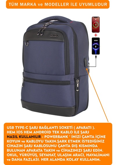 14"-15,6" İnç Körüklü Lacivert Laptop Sırt Çantası Unisex Su Geçirmez Kumaş Lacivert