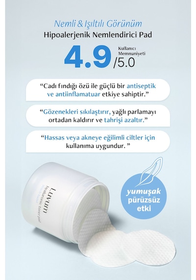 Luvum Hyalüronik Asit ve Cadı Fındığı İçeren Nemlendirici Tonikli Ped Luvum Toner Pad 60 adet