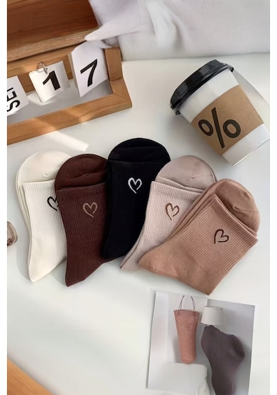 Hitit Socks Kadın 5 Çift Premium Kalite Mini Kalp Desenli Günlük Kullanım Sevimli Kolej Çorabı Çok Renkli