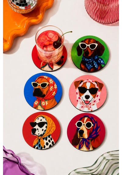 Köpek Desenli Bardak Altlığı 6 Lı Set Pop Art Tasarım, 9 Cm Mdf, Uv Dijital Baskı Çok Renkli