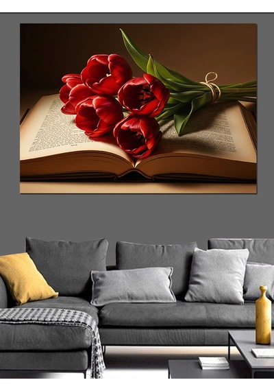 Kitap Üzerinde Kırmızı Gül Buketi Dekoratif Kanvas - Mdf Ahşap Tablo