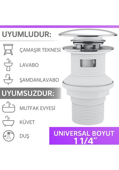 Pop-up Lavabo Sifonu Taşmalı Paslanmaz Metal Başlık, Plastik Gö