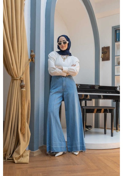 1166-parçalı Denim Bol Paça Pantolon Mavi Mavi
