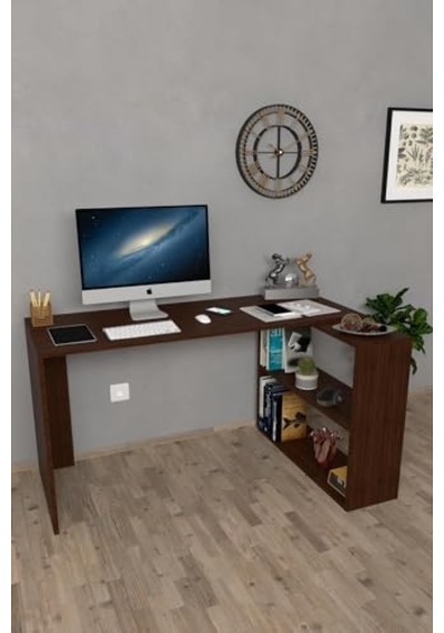 Ceviz Metal Kitaplıklı Çalışma Masası Çok Renkli