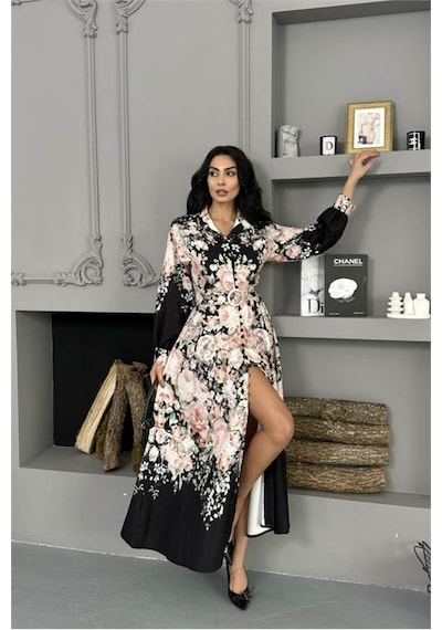 Neşeli Butik Kadın Siyah Çiçek Desenli İthal Kumaş Tam Düğmeli Kemerli Tasarım Elbise Nbms25115 Siyah Neşeli Butik Kadın Siyah Çiçek Desenli İthal Kumaş Tam Düğmeli Kemerli Tasarım Elbise Nbms25115 Siyah