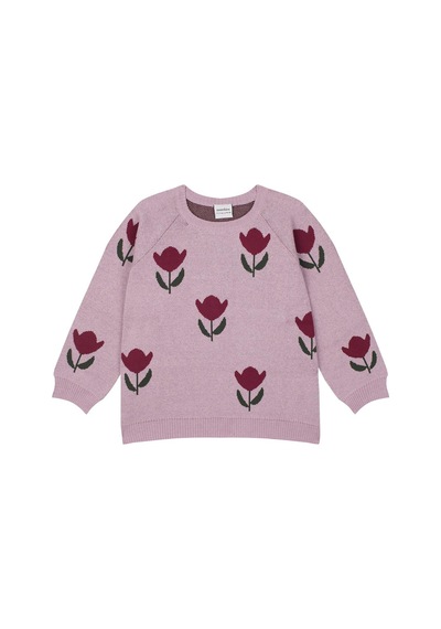 Antebies Pembe Lale Desenli, Raglan Kollu Triko Kız Çocuk Kazak