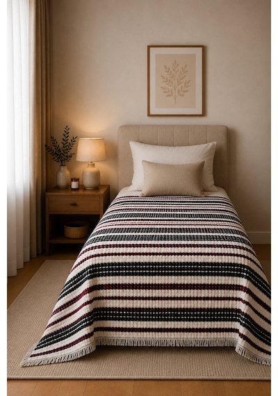 Tek Kişilik Pamuklu Pike 175x215 Cm Püsküllü Dokuma Yatak Örtüsü Çizgili Bordo