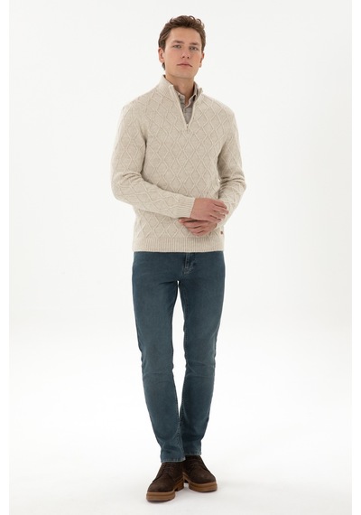 U.S. Polo Assn. Erkek Regular Fit Yarım Fermuarlı Desenli Taş Kazak 50315035-VR049
