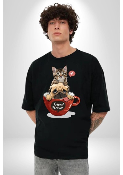 Kedi Ve Köpek Sonsuzadek Arkadaşız Pamuklu Bisiklet Yaka Unisex Oversize Boyfriend Dijital Baskılı Siyah T-shirt Siyah
