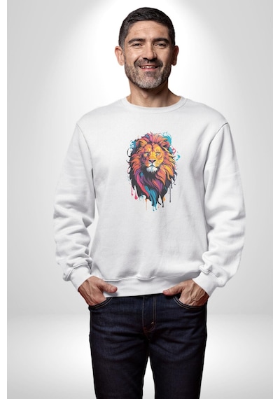 Renkli Yağlı Boya Aslan Unisex Beyaz Baskılı Sweatshirt Beyaz