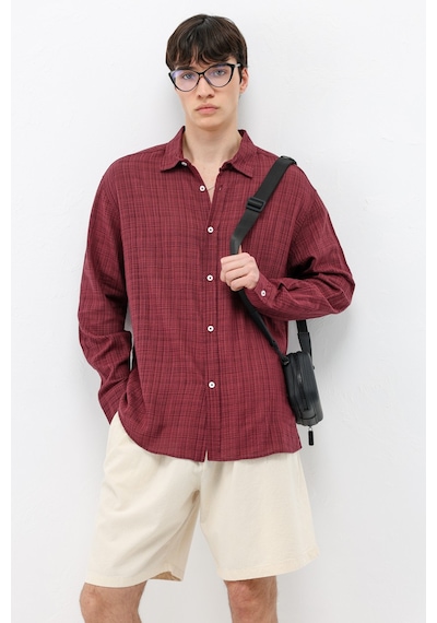 Vamos Dokulu Keten Görünümlü Oversize Gömlek Bordo