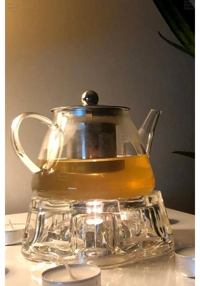 2 Li Set Cam Demlik Ve Cam Isıtıcı Süzgeçli Demlik 500 Ml Bitki Çayı Demliği Borasilikat V Şeffaf