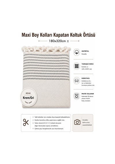 Pamuklu Kaymaz Hasır Dokuma Maxi Boy Kolları Örten Koltuk Örtüsü 180x310 - Kreme Gri