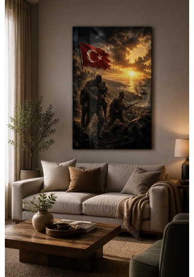 Çanakkale Savaşı Temalı Baskılı Cam Tablo Türk Bayraklı Uv Baskı Duvar Tablosu