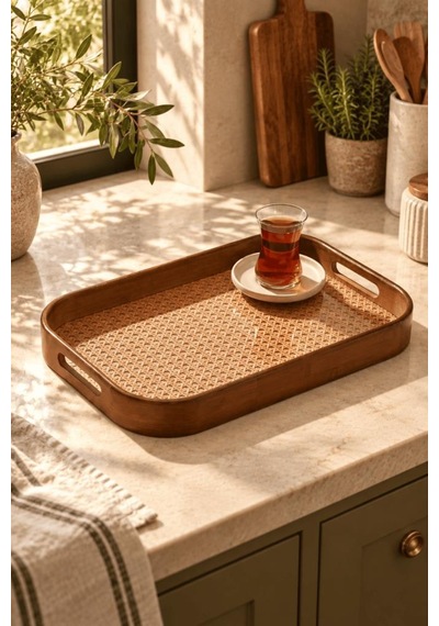 Atbyhome Akasya Çerçeveli Hazeran Dikdörtgen Tepsi 40x28 Cm - Kulplu Bohem Çay Kahve Sunum Tepsisi