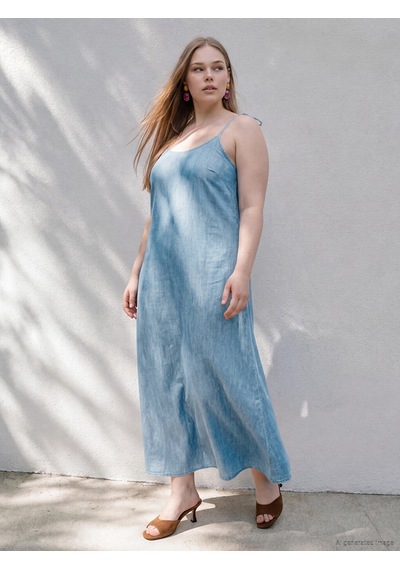 Lcwaıkıkı Curve Mavi Büyük Beden U Yaka İp Askılı Jean Elbise