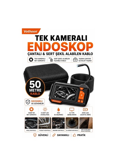 Mep Ekranlı Tek Kameralı 50 Mt Sert Kablo Yılan Endoskop Kamera 8 Mm 4.3 Inc Najmaddin