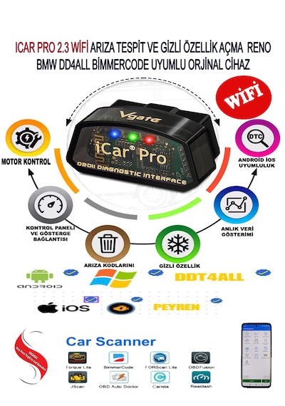 Vgate İcar Pro 2.3v Wifi Bandrollü Arıza Tespit Gizli Özellik Açma Cihazı Ddt4all-forscan-carista