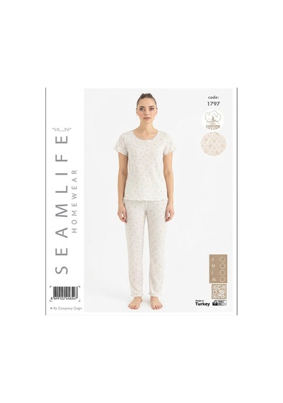 Seamlife Kadın %100 Pamuk Kalp Desenli Kısa Kollu Pijama Takımı 466542 Ekru