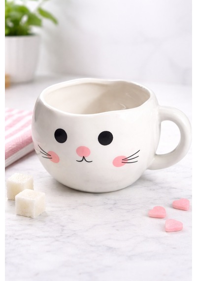Sevimli Kedi Tasarımlı Seramik Kupa Kahve & Latte Bardağı Dekoratif Hediye Kupa Beyaz