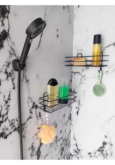 Yapışkanlı Kancalı 2 Adet Banyo Rafı Duş Başlığı Duş Seti Siyah