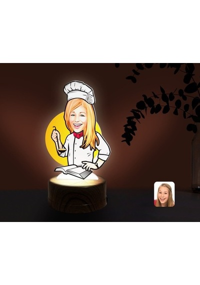 Kişiye Özel Kadın Chef Karikatürlü Dekoratif 3D Biblo Led Işıklı (481501219)