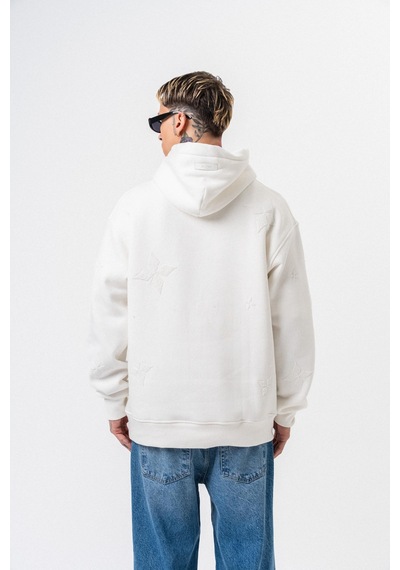 Respire Erkek Süzene Nakış Detaylı Kapüşonlu Oversize Hoodie Ekru