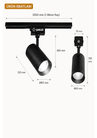 Led Siyah Kasa Beyaz Işık 35w Raylı Spot / 8 Adet 3 Metre Ray