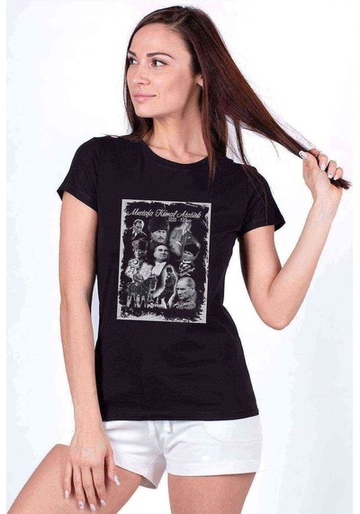 Atatürk Kolaj Baskılı Siyah Kadın Tshirt