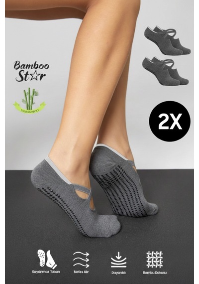 Bamboo Star Bambu Kadın Gri Kaydırmaz Taban Silikon Baskı Pilates Yoga Fitness Dans Aktivite Babet Çorabı 2'li