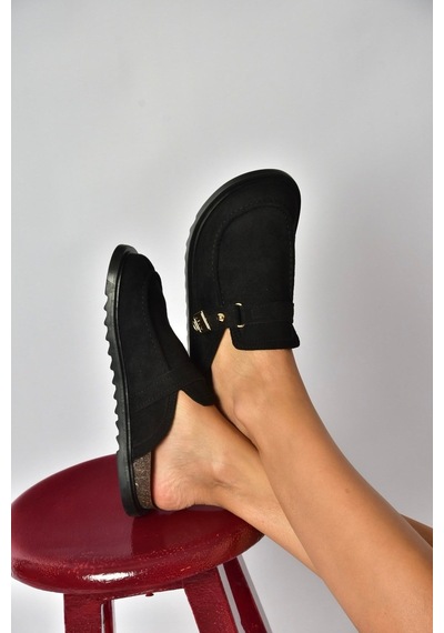 Fox Shoes Z250525202 Siyah Süet Önü Kapalı Kadın Terlik