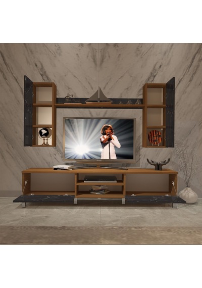Decoraktiv Eko 7 Mdf Dvd Krom Ayaklı Tv Ünitesi Tv Sehpası Ceviz - Siyah Mermer