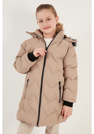 Lela Peluş Astarlı Yakası Suni Kürklü Çıkarılabilir Kapüşonlu Kışlık Kız Çocuk Mont 5761905 Vizon