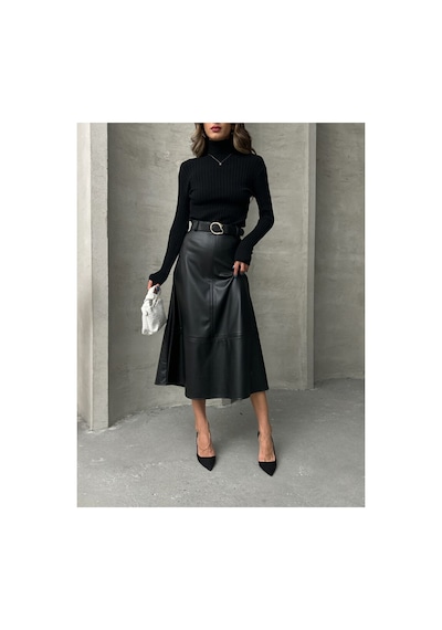 Verymoda Deri Kemerli Etek F1810 Siyah