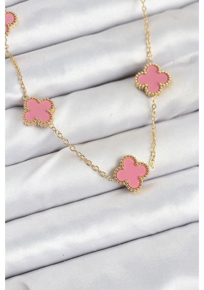 316l Çelik Zincir Gold Pembe Renk Yonca Kadın Kolye 001 - Beyaz