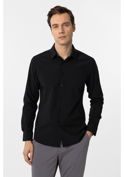 Süvari Siyah Slim Fit Düz Klasik Yaka Gömlek-34101 Siyah