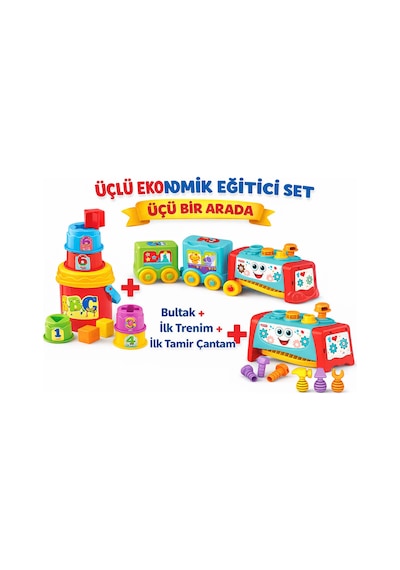 3'lü Bebek Gelişim Seti 1 Ekonomik Set Eğitici Oyuncak Neşeli Kule + Aktivite Treni + Tamir Seti