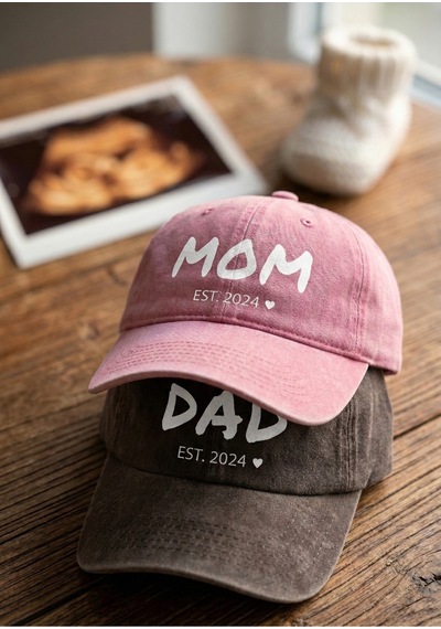 Emybox Mom Dad Çift Şapka - Yıkamalı Eskitme Kumaş Ayarlanabilir Ölçü Tokalı Baskılı Hatıra Şapkası Est2024 Pembe - Füme