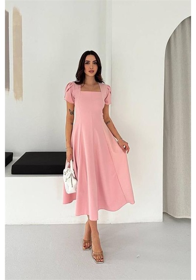 Neşeli Butik Kadın Pembe Kare Yaka Balon Kol Midi Boy Elbise Nbk4550 Pembe