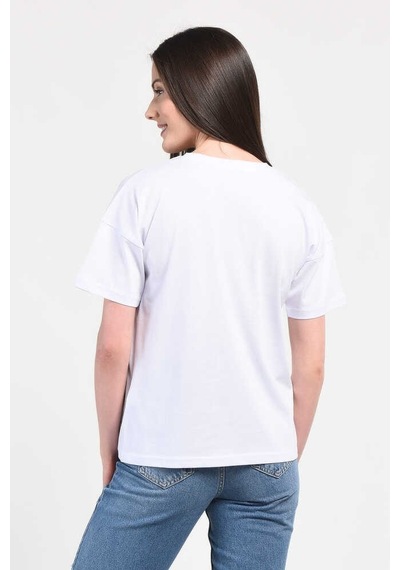Ucla Avalon Beyaz Bisiklet Yaka Baskılı Oversize Kadın Tshirt Beyaz