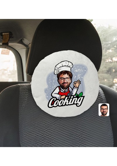 Bk Gift Kişiye Özel Erkek Chef Karikatürlü Yuvarlak Araç Koltuk Yastığı-14 Beyaz