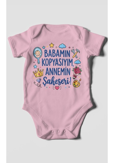 Morivokids Babamın Kopyasıyım Annemin Şaheseri Kısa Kollu Bebek Body %100 Pamuk Koyu Pembe