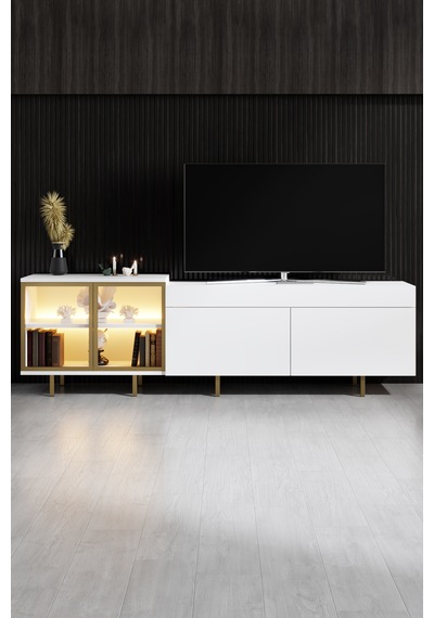 Vienna Gold Demir Ayaklı Rgb Led Işık Sistemli Beyaz Tv Ünitesi Tv Sehpası Antrasit - Altın Vienna Gold Demir Ayaklı Rgb Led Işık Sistemli Beyaz Tv Ünitesi Tv Sehpası Antrasit - Altın